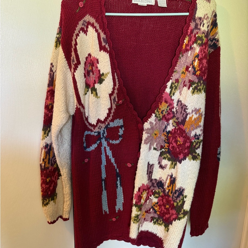 Floral Knit Cardigan in Burgundy and Cream